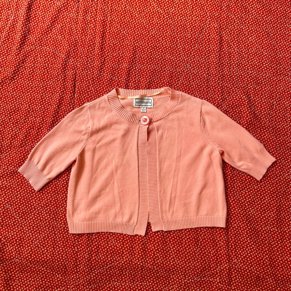 Karin Stevens Pink Short Sleeve Cropped babydoll style Cardigan Sweater Small